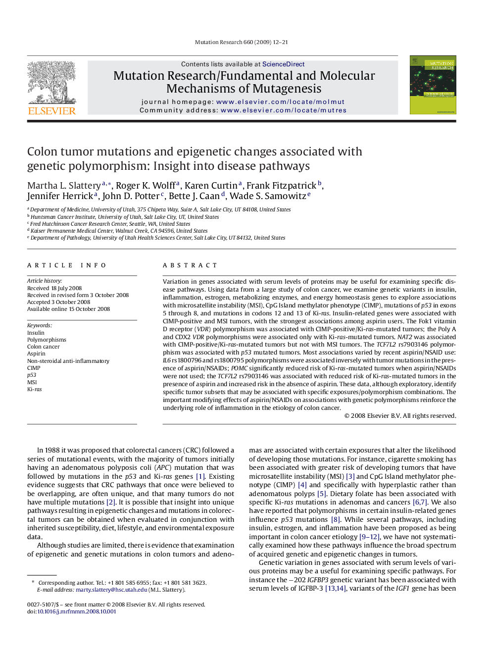 Colon tumor mutations and epigenetic changes associated with genetic polymorphism: Insight into disease pathways