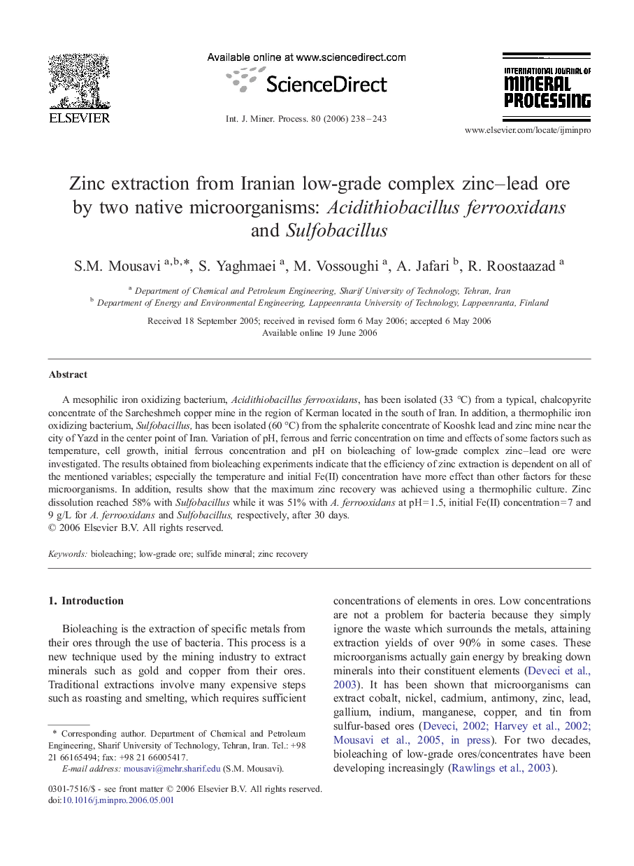 Zinc extraction from Iranian low-grade complex zinc–lead ore by two native microorganisms: Acidithiobacillus ferrooxidans and Sulfobacillus