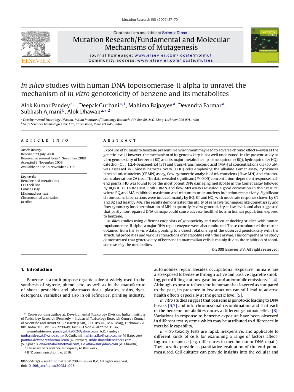 In silico studies with human DNA topoisomerase-II alpha to unravel the mechanism of in vitro genotoxicity of benzene and its metabolites