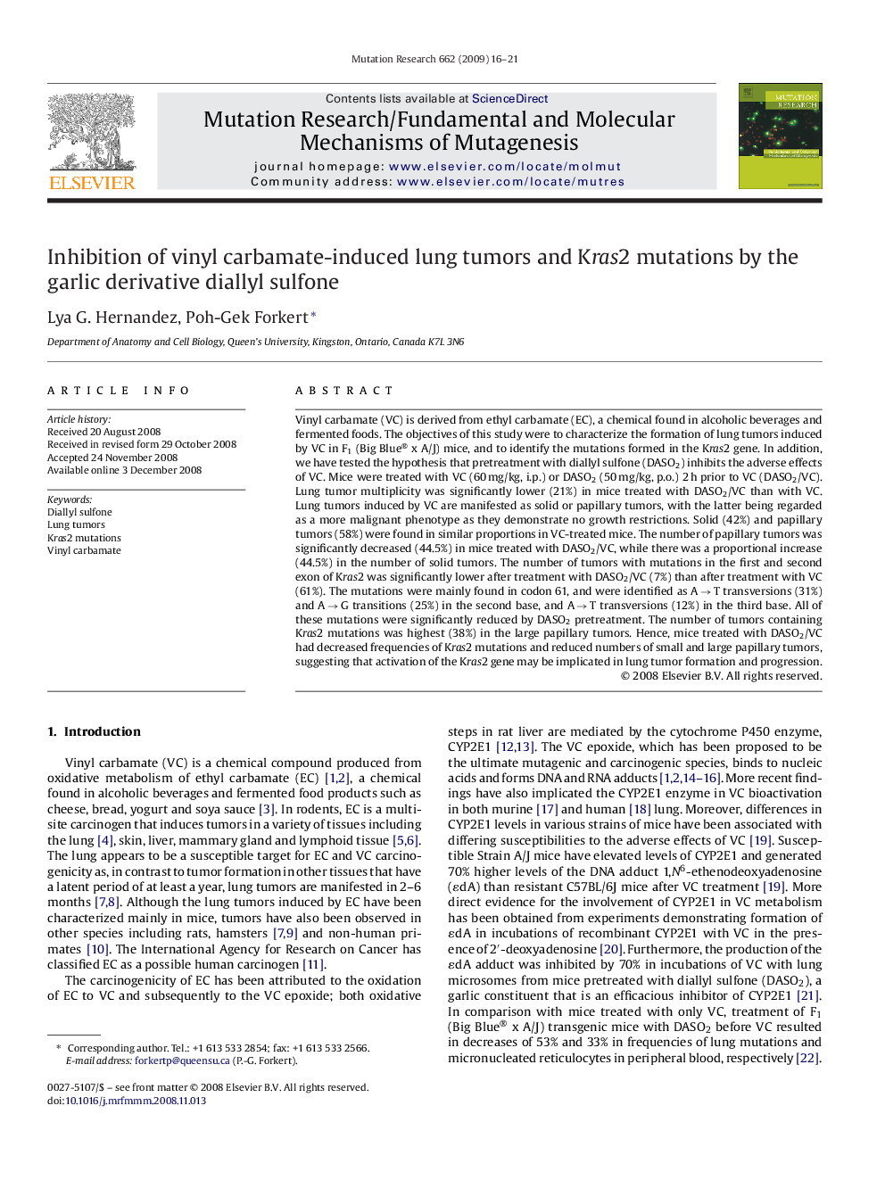 Inhibition of vinyl carbamate-induced lung tumors and Kras2 mutations by the garlic derivative diallyl sulfone