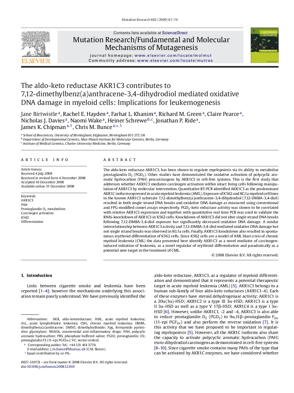 The aldo-keto reductase AKR1C3 contributes to 7,12-dimethylbenz(a)anthracene-3,4-dihydrodiol mediated oxidative DNA damage in myeloid cells: Implications for leukemogenesis