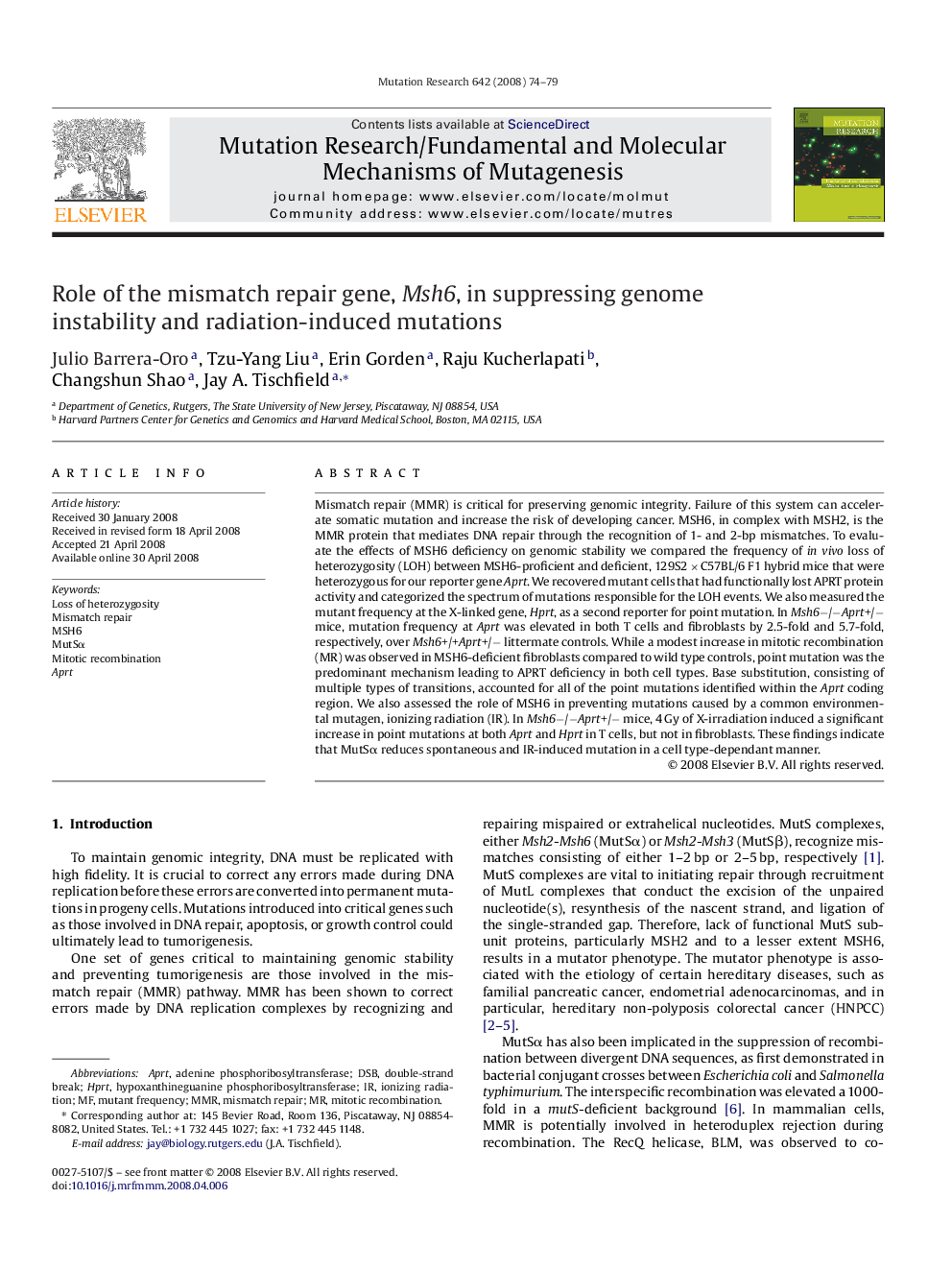 Role of the mismatch repair gene, Msh6, in suppressing genome instability and radiation-induced mutations