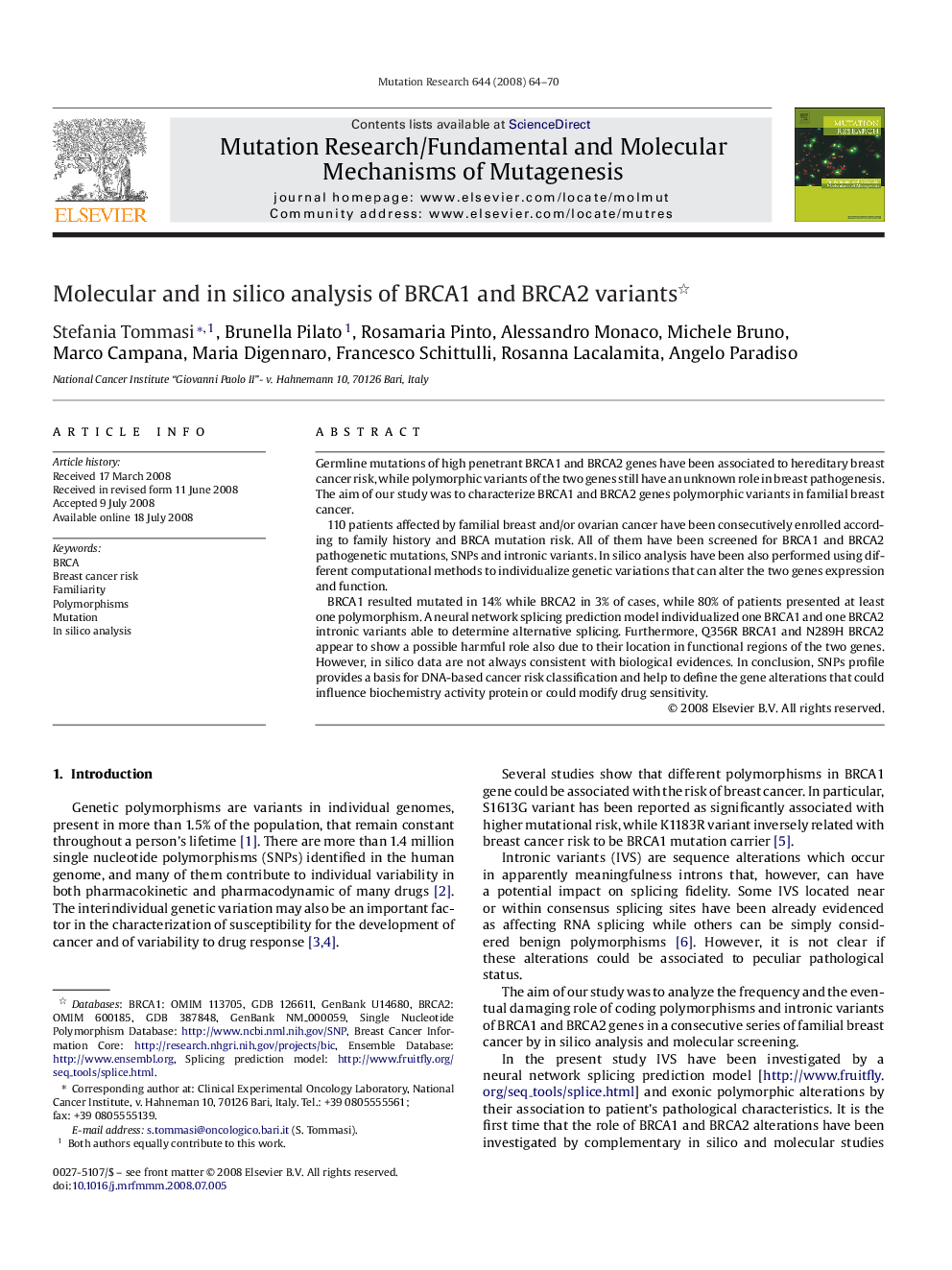 Molecular and in silico analysis of BRCA1 and BRCA2 variants 