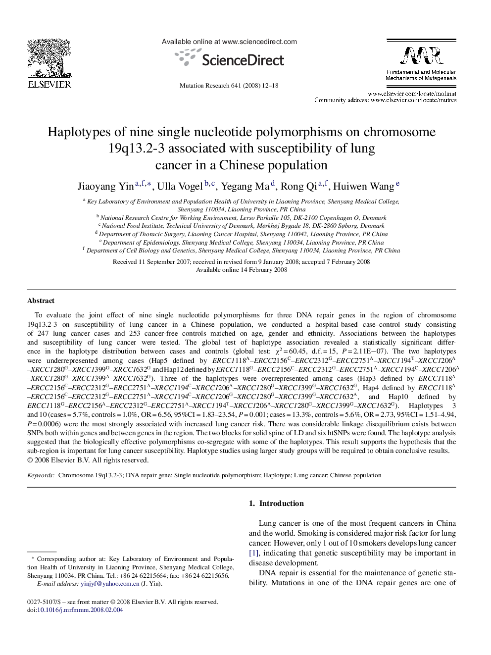 Haplotypes of nine single nucleotide polymorphisms on chromosome 19q13.2-3 associated with susceptibility of lung cancer in a Chinese population