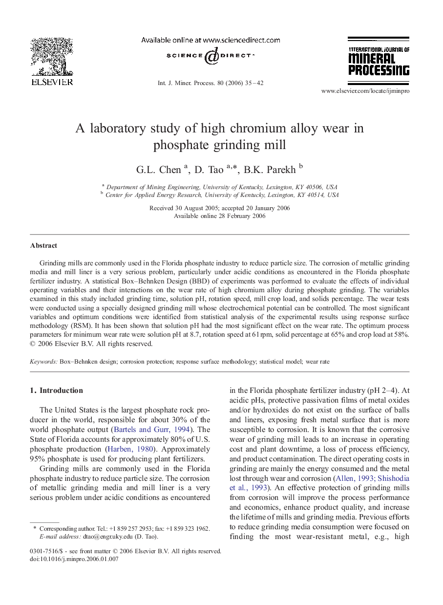 A laboratory study of high chromium alloy wear in phosphate grinding mill