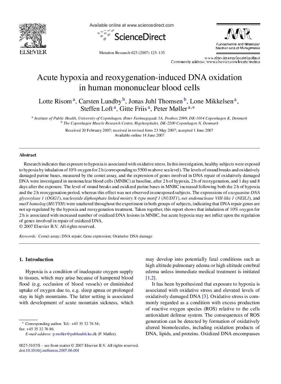 Acute hypoxia and reoxygenation-induced DNA oxidation in human mononuclear blood cells