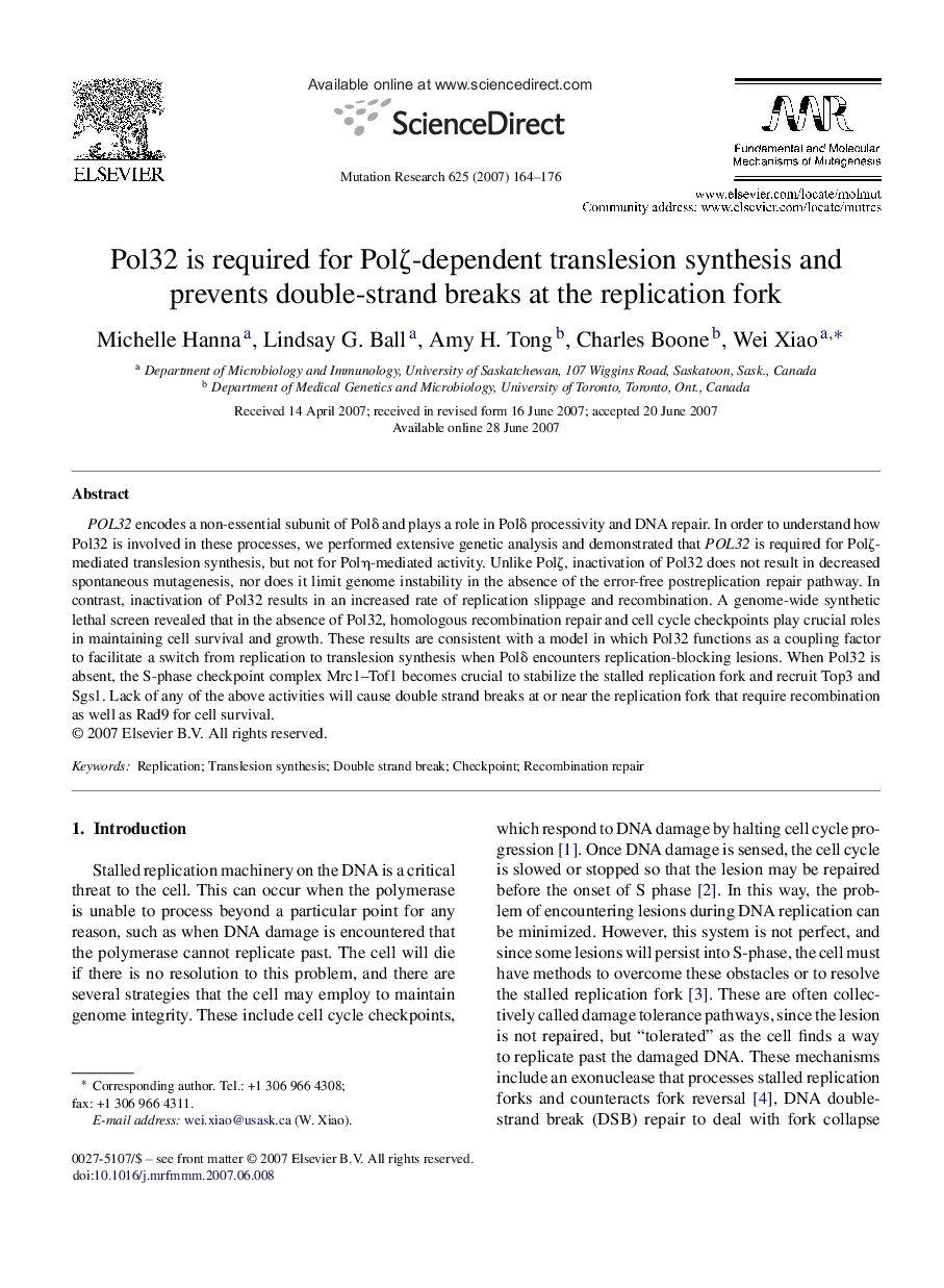 Pol32 is required for Polζ-dependent translesion synthesis and prevents double-strand breaks at the replication fork