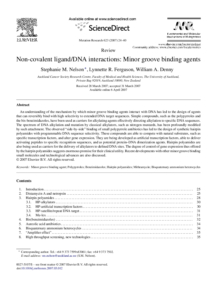 Non-covalent ligand/DNA interactions: Minor groove binding agents