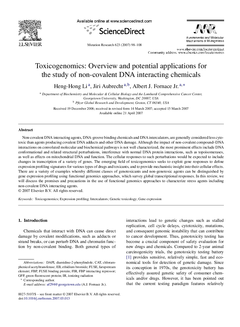 Toxicogenomics: Overview and potential applications for the study of non-covalent DNA interacting chemicals