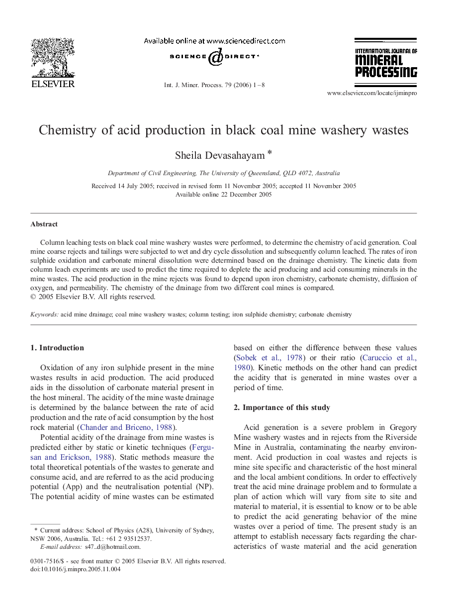 Chemistry of acid production in black coal mine washery wastes