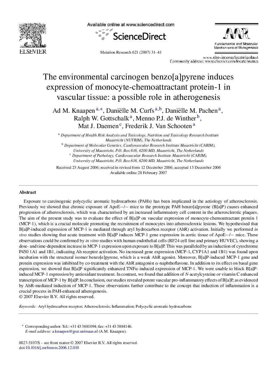 The environmental carcinogen benzo[a]pyrene induces expression of monocyte-chemoattractant protein-1 in vascular tissue: a possible role in atherogenesis
