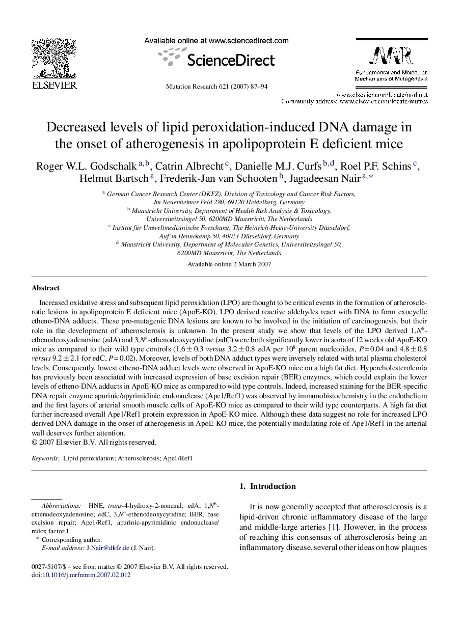 Decreased levels of lipid peroxidation-induced DNA damage in the onset of atherogenesis in apolipoprotein E deficient mice