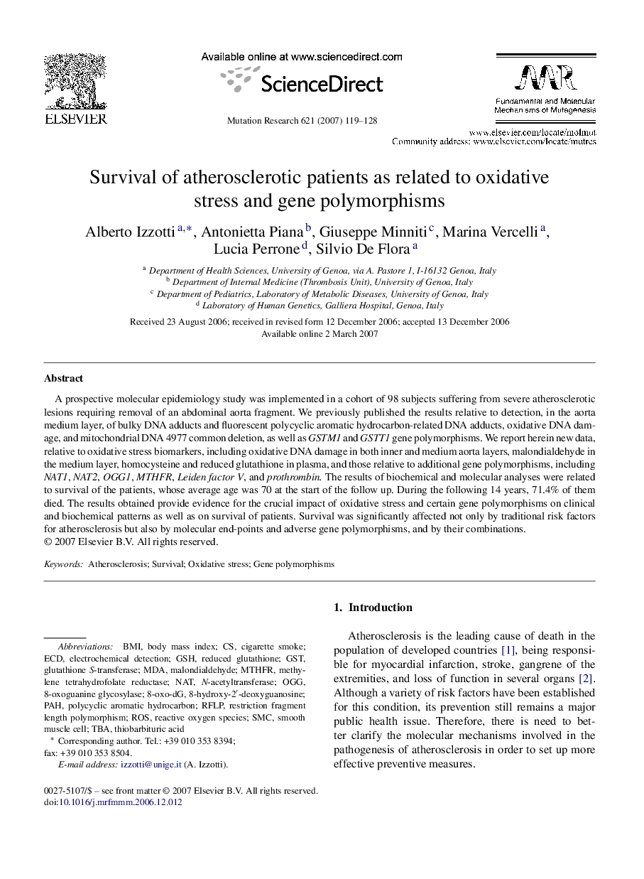 Survival of atherosclerotic patients as related to oxidative stress and gene polymorphisms