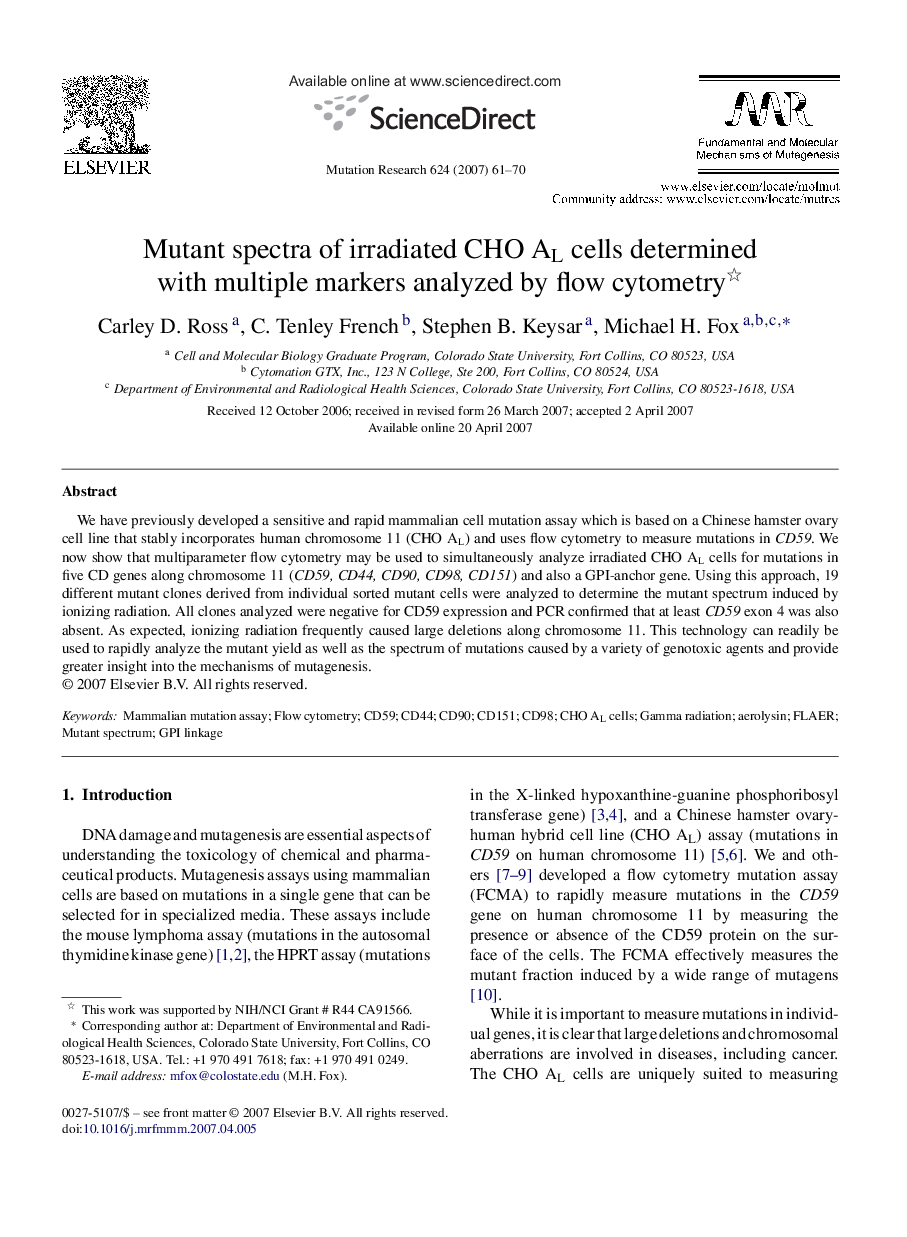 Mutant spectra of irradiated CHO AL cells determined with multiple markers analyzed by flow cytometry 