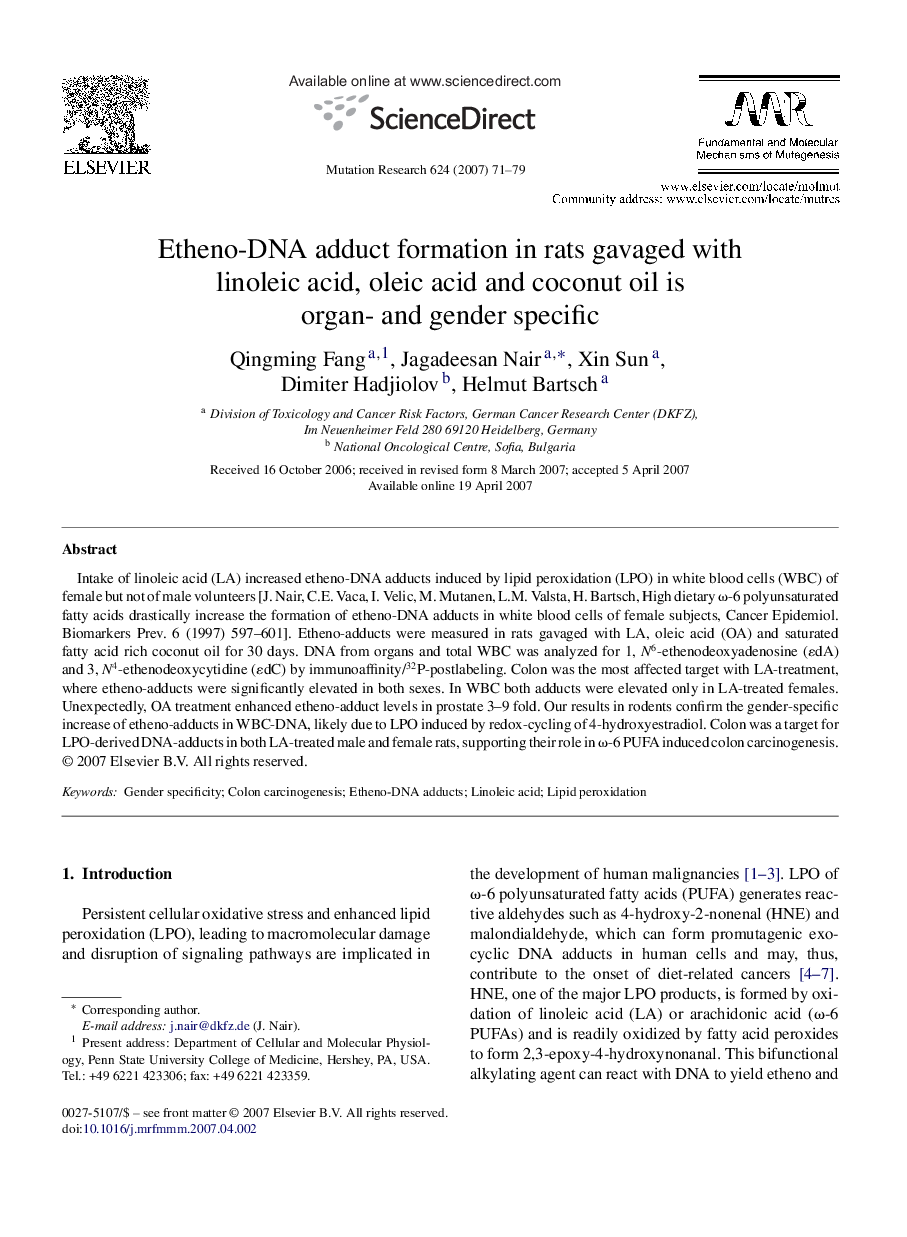 Etheno-DNA adduct formation in rats gavaged with linoleic acid, oleic acid and coconut oil is organ- and gender specific