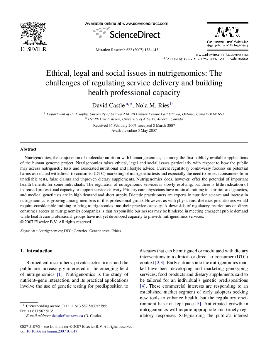 Ethical, legal and social issues in nutrigenomics: The challenges of regulating service delivery and building health professional capacity