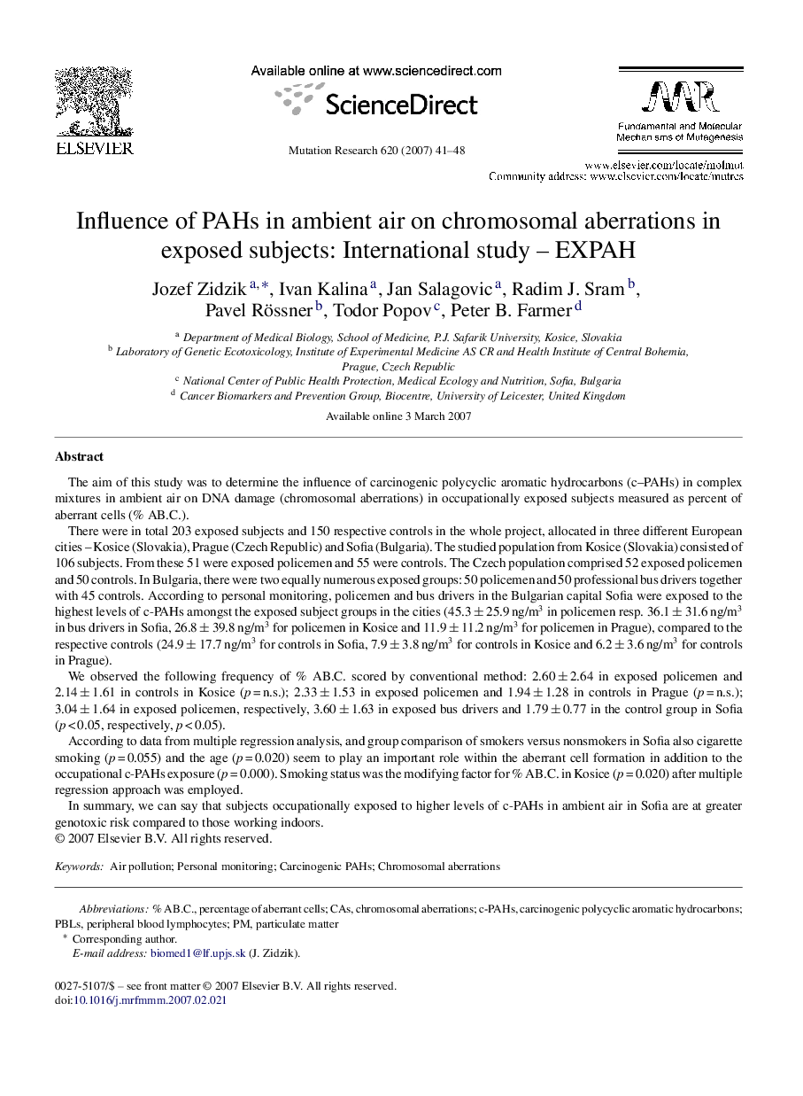 Influence of PAHs in ambient air on chromosomal aberrations in exposed subjects: International study – EXPAH