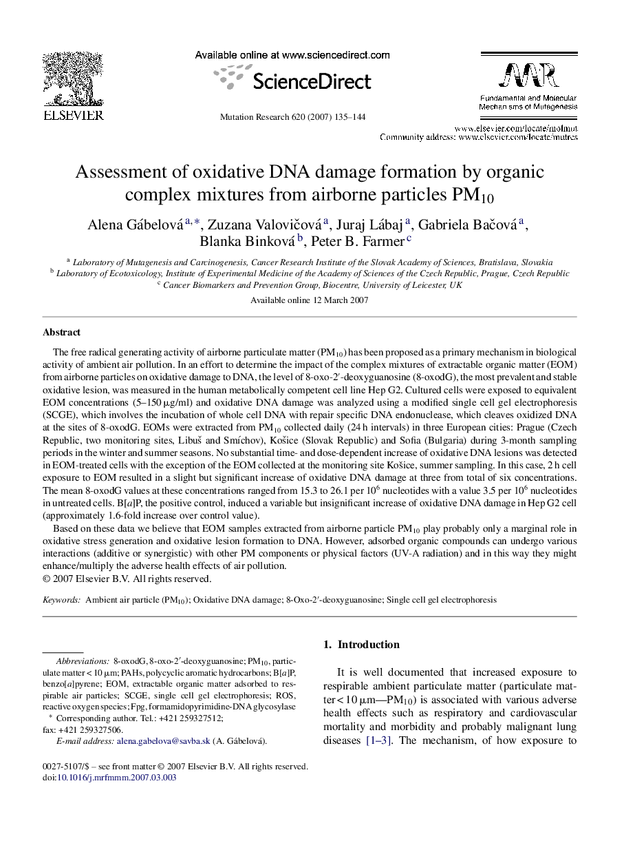 Assessment of oxidative DNA damage formation by organic complex mixtures from airborne particles PM10