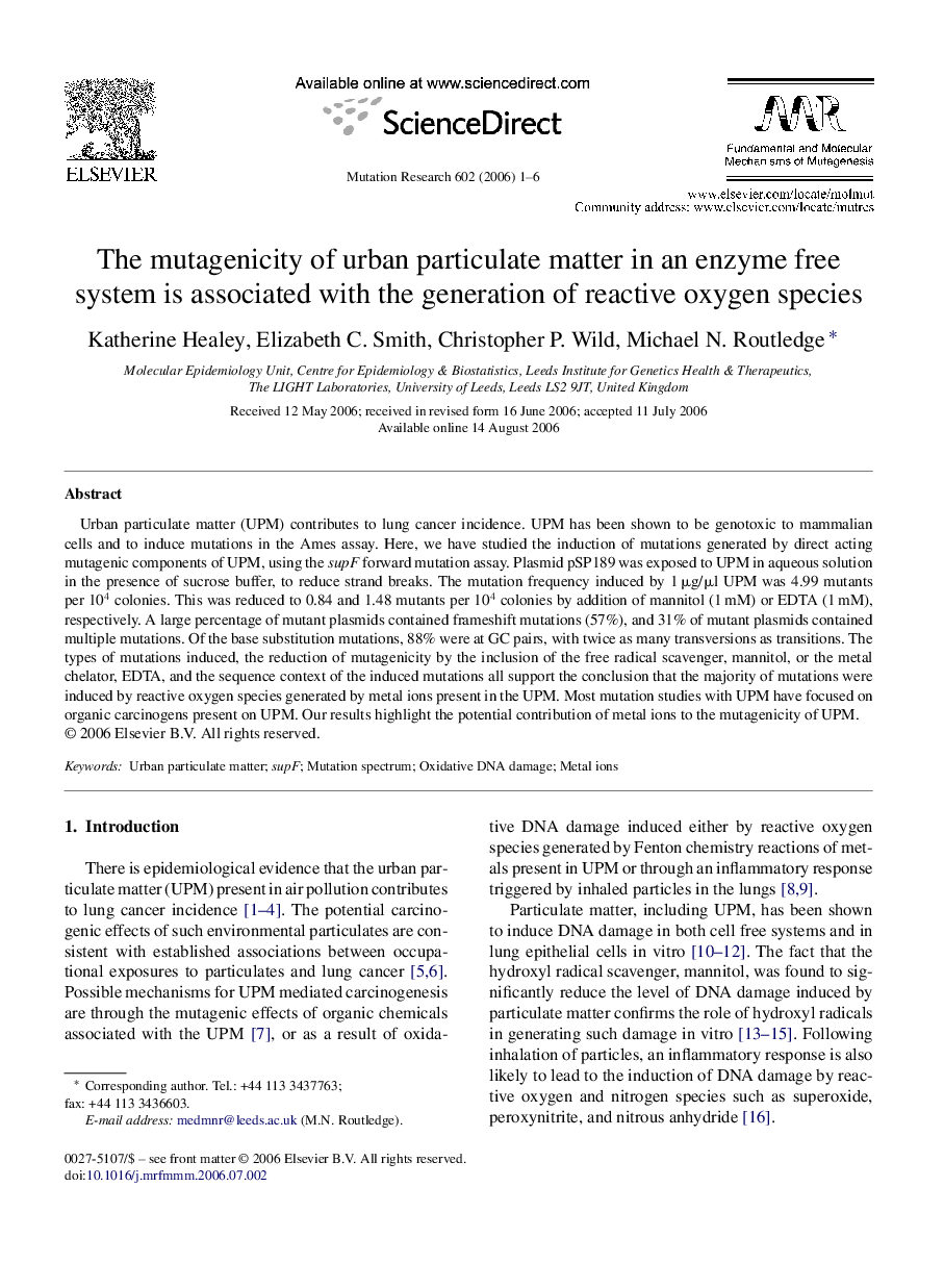 The mutagenicity of urban particulate matter in an enzyme free system is associated with the generation of reactive oxygen species