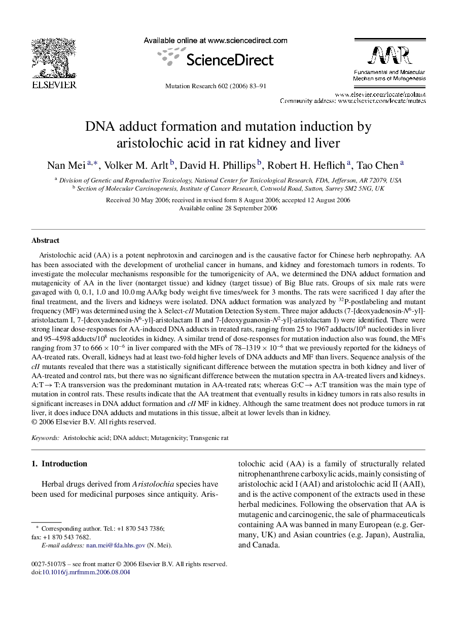 DNA adduct formation and mutation induction by aristolochic acid in rat kidney and liver