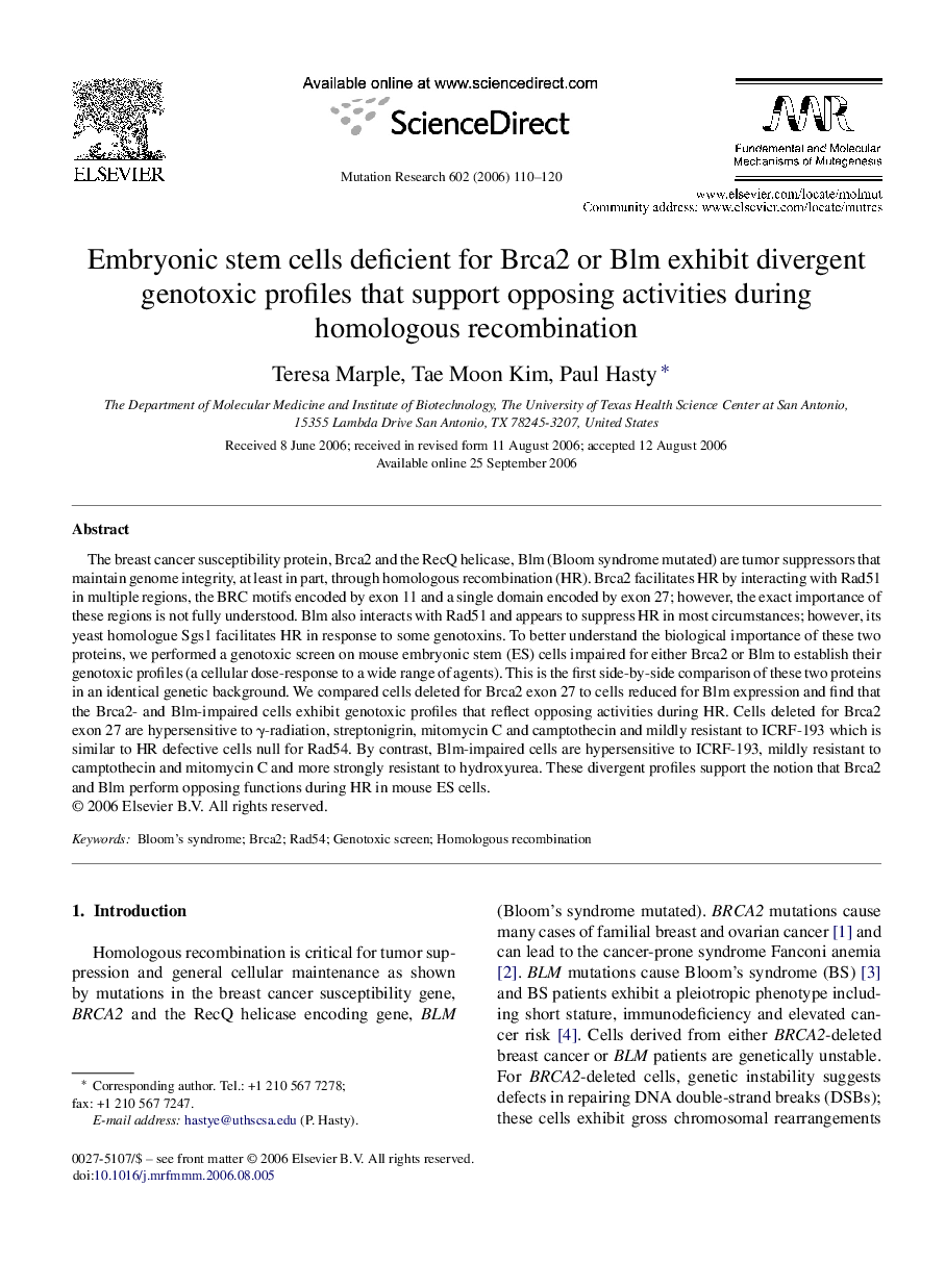 Embryonic stem cells deficient for Brca2 or Blm exhibit divergent genotoxic profiles that support opposing activities during homologous recombination