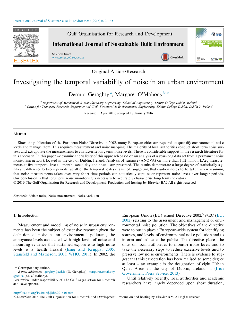 Investigating the temporal variability of noise in an urban environment 