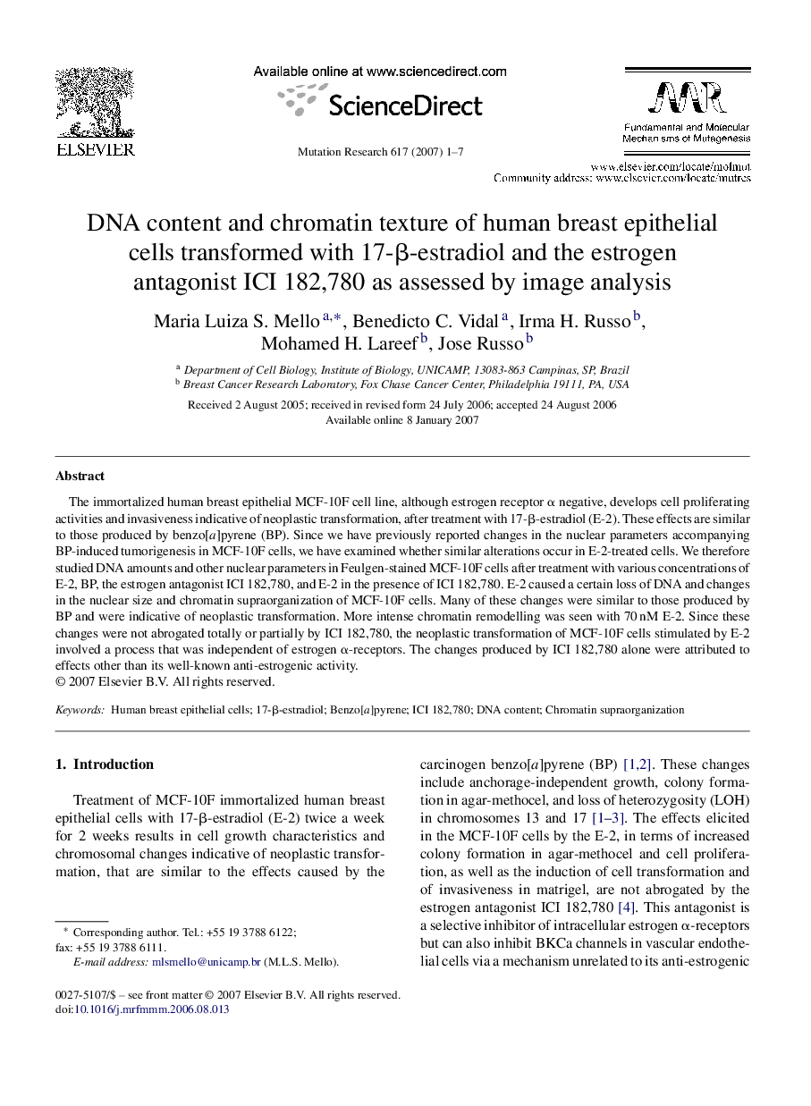 DNA content and chromatin texture of human breast epithelial cells transformed with 17-Î²-estradiol and the estrogen antagonist ICI 182,780 as assessed by image analysis