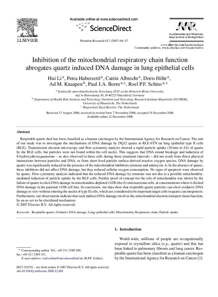 Inhibition of the mitochondrial respiratory chain function abrogates quartz induced DNA damage in lung epithelial cells