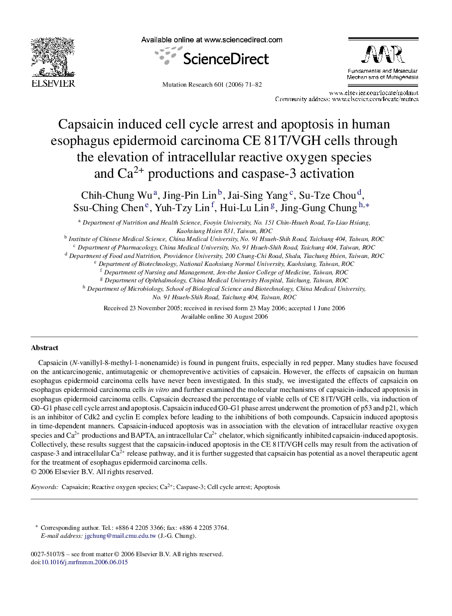 Capsaicin induced cell cycle arrest and apoptosis in human esophagus epidermoid carcinoma CE 81T/VGH cells through the elevation of intracellular reactive oxygen species and Ca2+ productions and caspase-3 activation