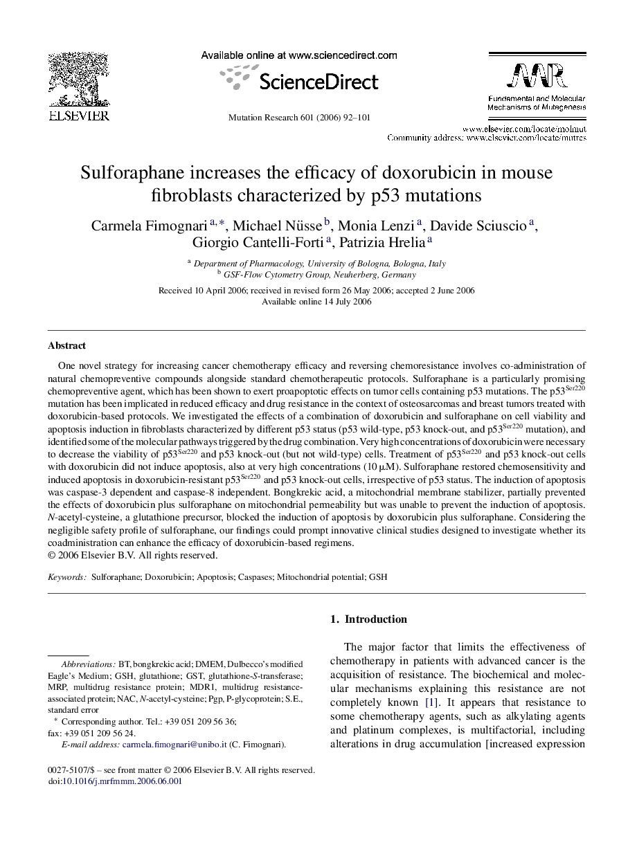 Sulforaphane increases the efficacy of doxorubicin in mouse fibroblasts characterized by p53 mutations