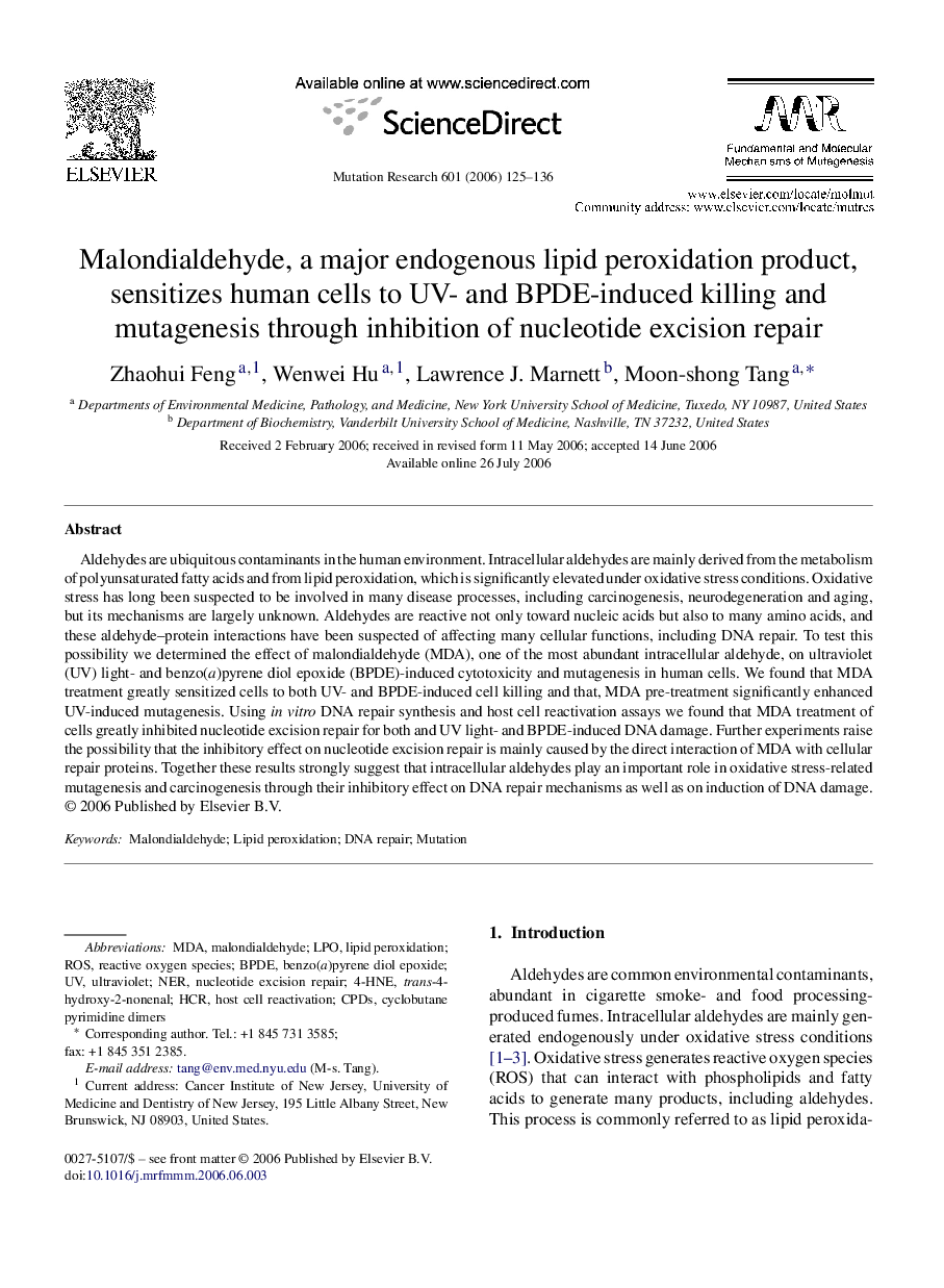 Malondialdehyde, a major endogenous lipid peroxidation product, sensitizes human cells to UV- and BPDE-induced killing and mutagenesis through inhibition of nucleotide excision repair