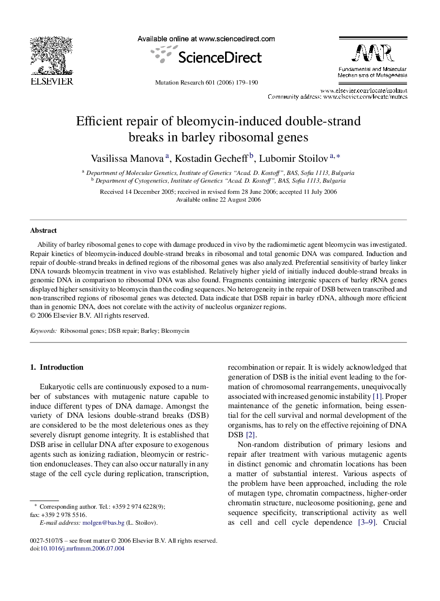 Efficient repair of bleomycin-induced double-strand breaks in barley ribosomal genes