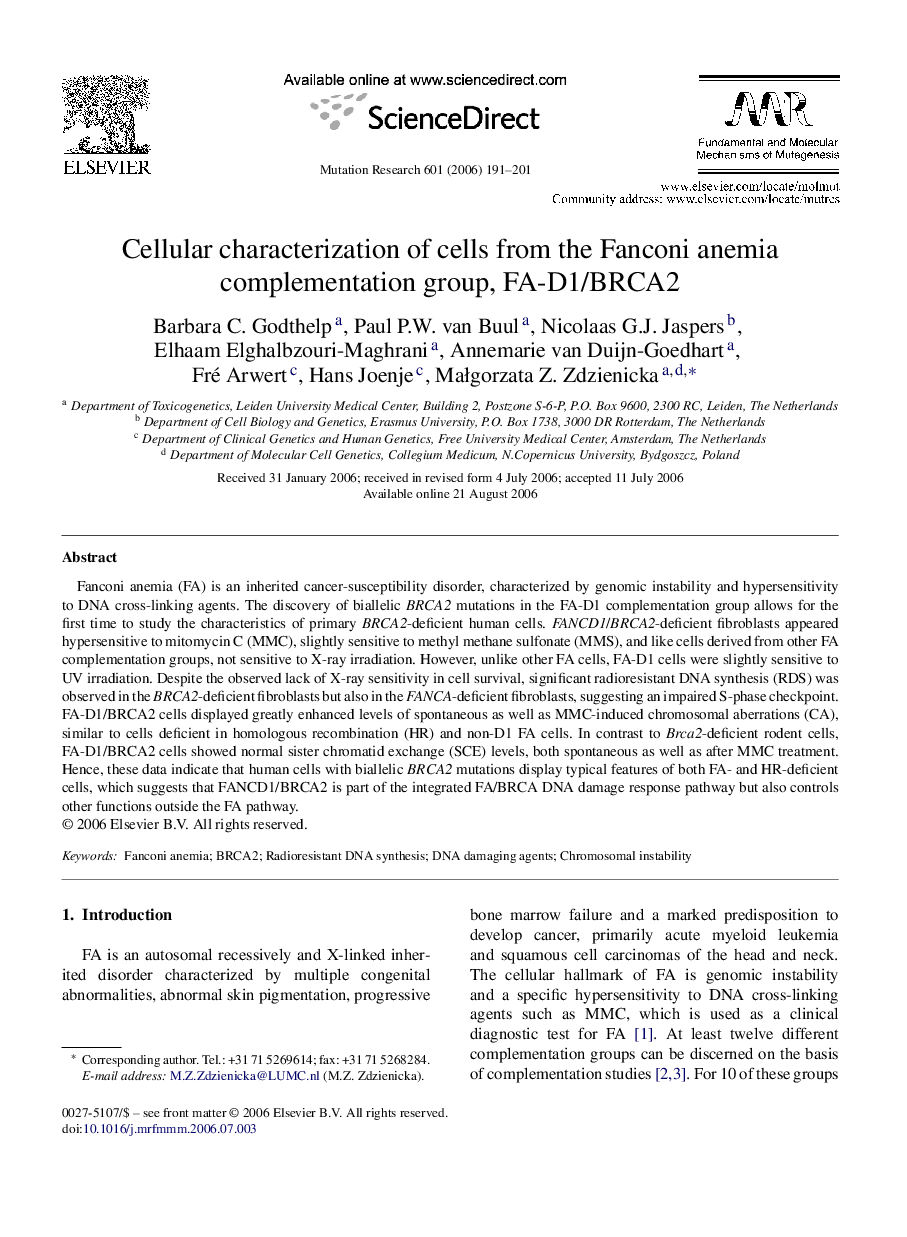 Cellular characterization of cells from the Fanconi anemia complementation group, FA-D1/BRCA2