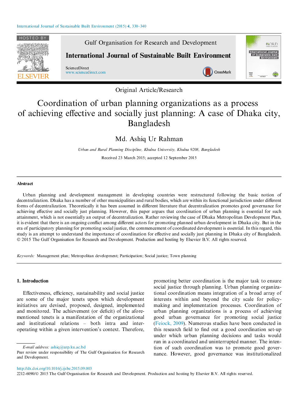 Coordination of urban planning organizations as a process of achieving effective and socially just planning: A case of Dhaka city, Bangladesh 