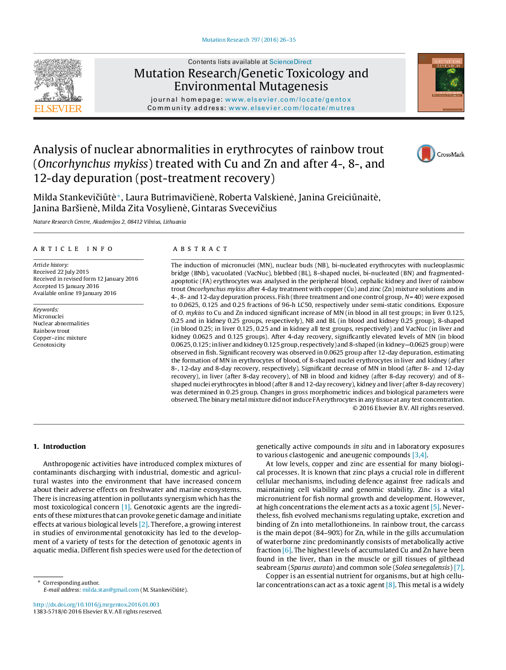 Analysis of nuclear abnormalities in erythrocytes of rainbow trout (Oncorhynchus mykiss) treated with Cu and Zn and after 4-, 8-, and 12-day depuration (post-treatment recovery)