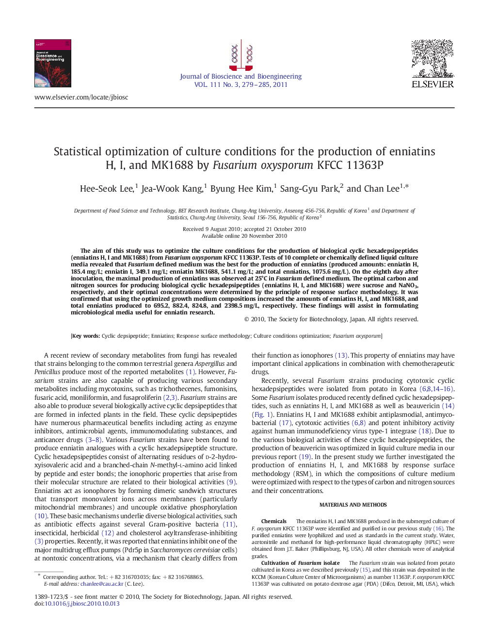 Statistical optimization of culture conditions for the production of enniatins H, I, and MK1688 by Fusarium oxysporum KFCC 11363P