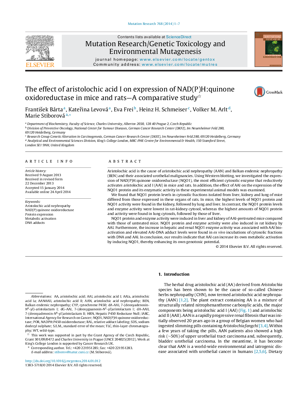 The effect of aristolochic acid I on expression of NAD(P)H:quinone oxidoreductase in mice and rats—A comparative study 