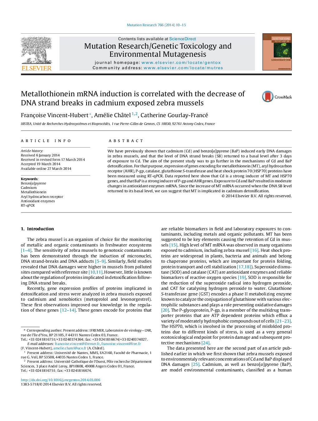 Metallothionein mRNA induction is correlated with the decrease of DNA strand breaks in cadmium exposed zebra mussels