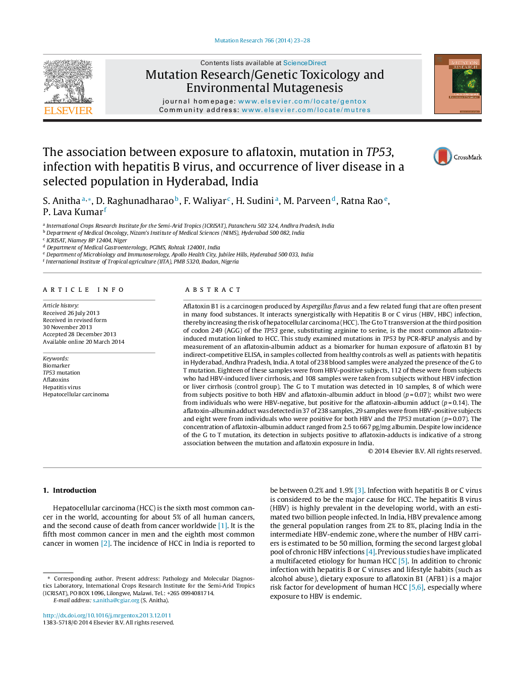 The association between exposure to aflatoxin, mutation in TP53, infection with hepatitis B virus, and occurrence of liver disease in a selected population in Hyderabad, India