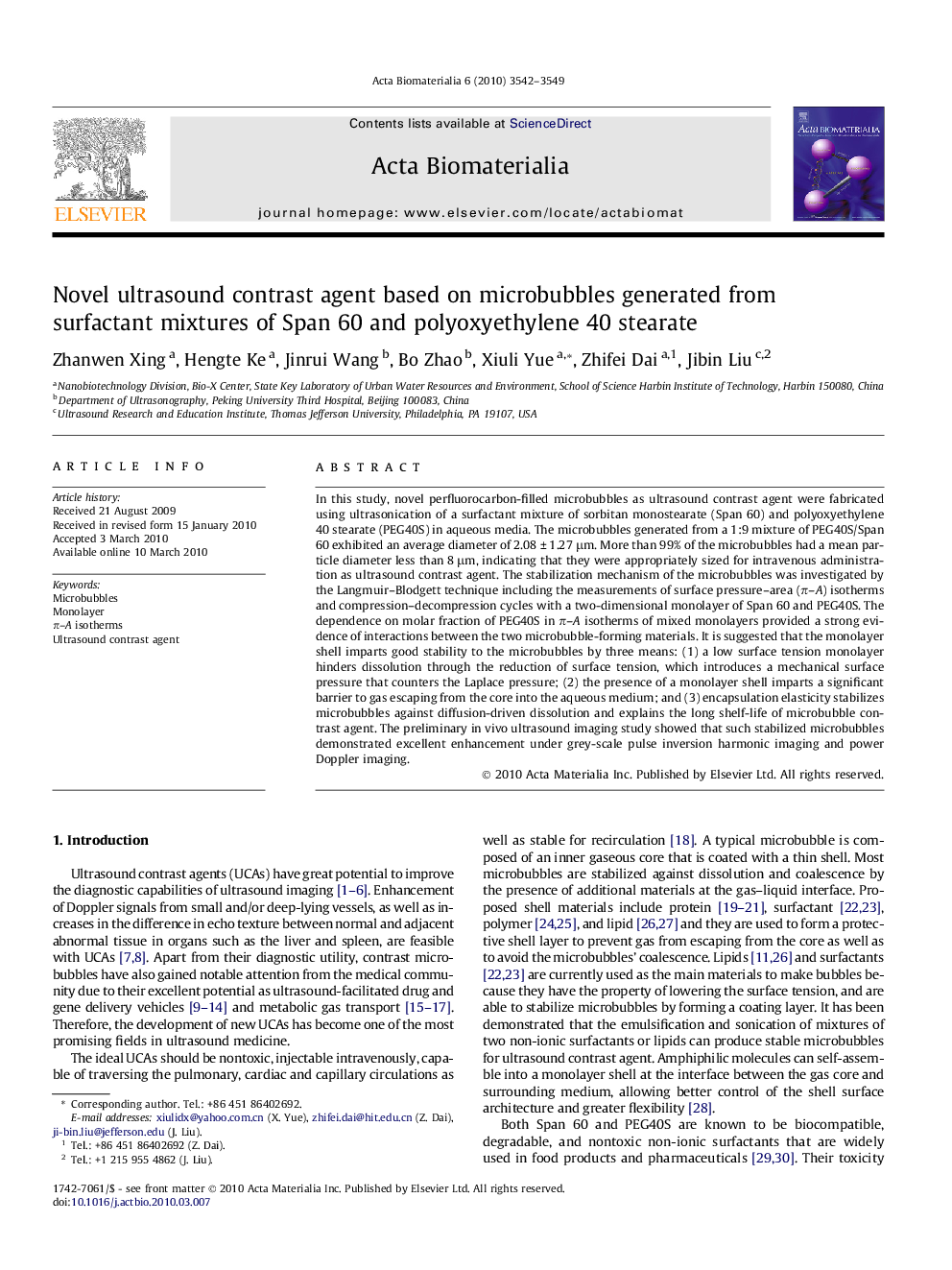 Novel ultrasound contrast agent based on microbubbles generated from surfactant mixtures of Span 60 and polyoxyethylene 40 stearate