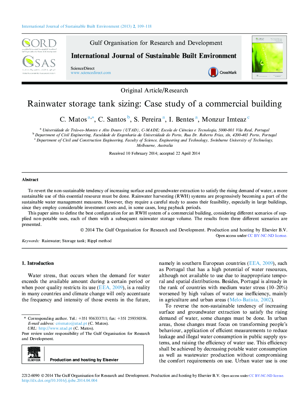 Rainwater storage tank sizing: Case study of a commercial building 