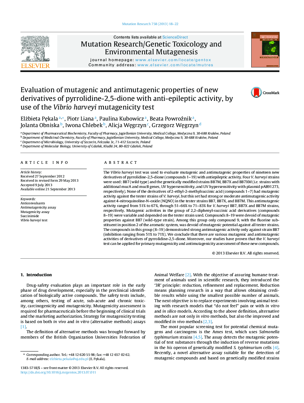 Evaluation of mutagenic and antimutagenic properties of new derivatives of pyrrolidine-2,5-dione with anti-epileptic activity, by use of the Vibrio harveyi mutagenicity test