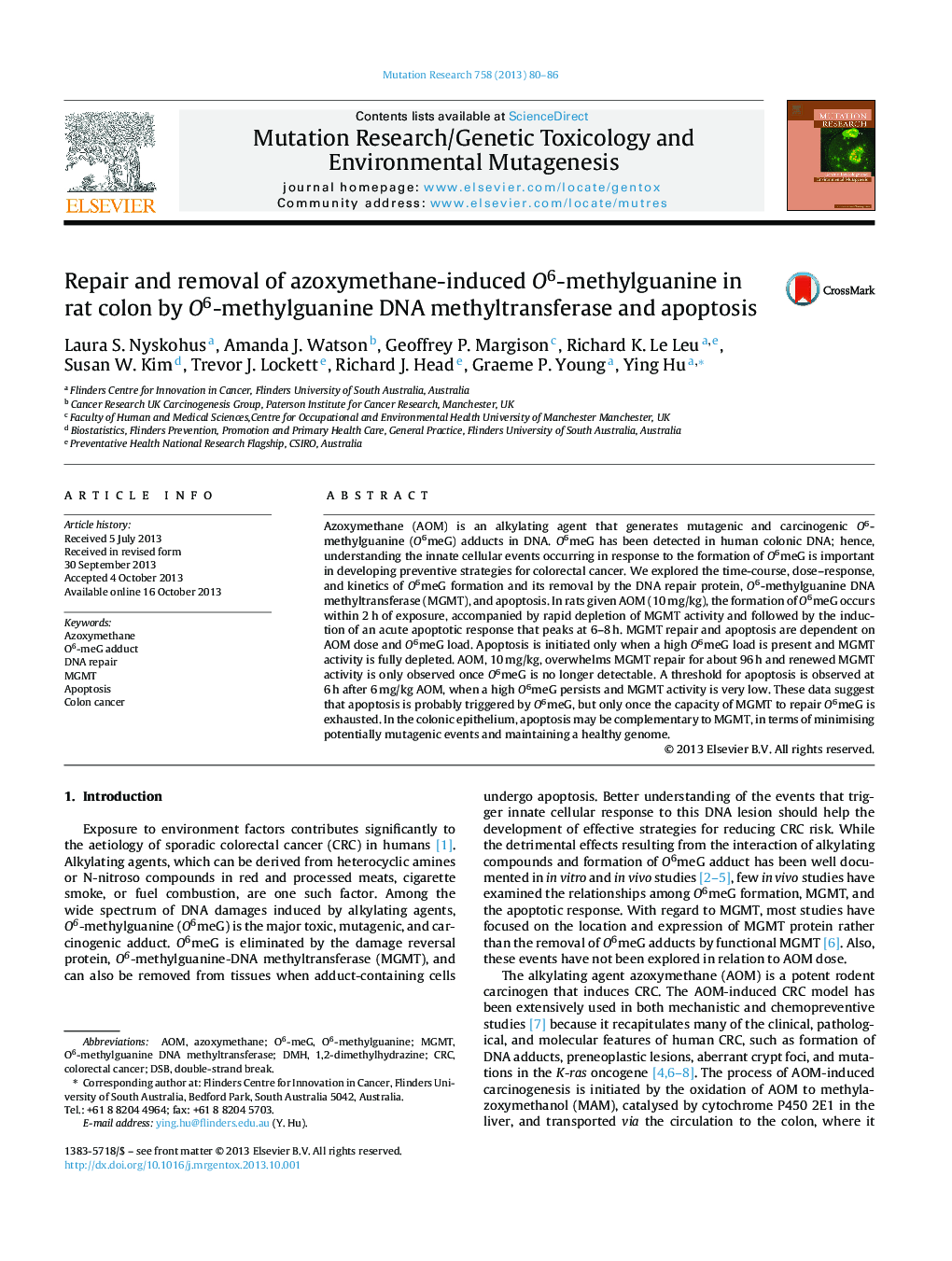 Repair and removal of azoxymethane-induced O6-methylguanine in rat colon by O6-methylguanine DNA methyltransferase and apoptosis