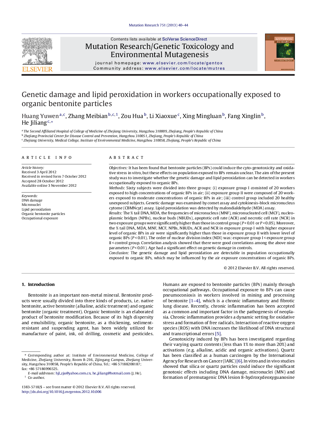 Genetic damage and lipid peroxidation in workers occupationally exposed to organic bentonite particles