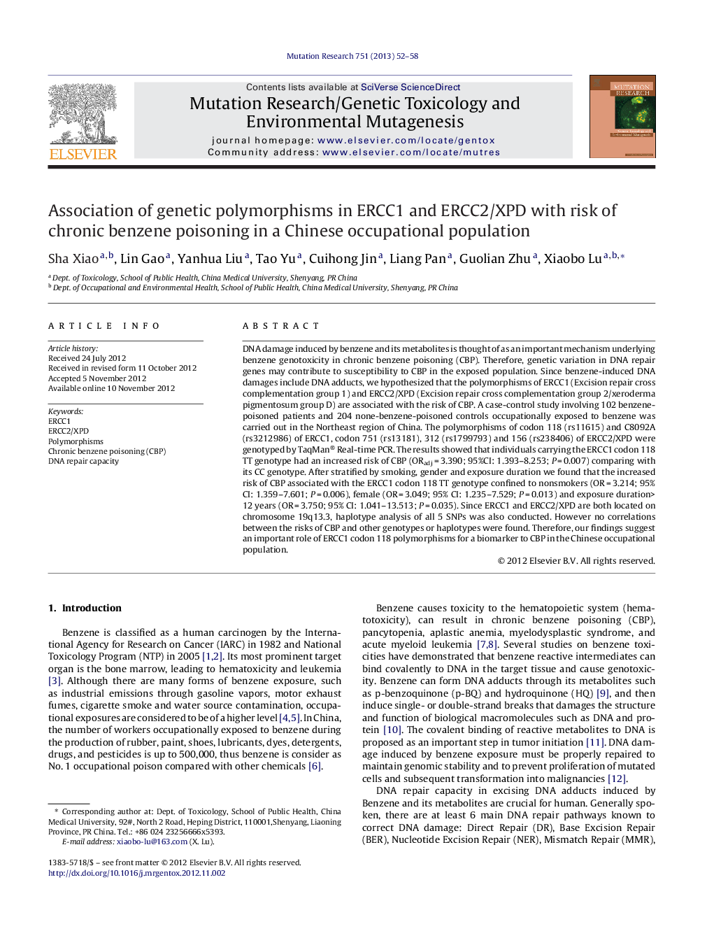 Association of genetic polymorphisms in ERCC1 and ERCC2/XPD with risk of chronic benzene poisoning in a Chinese occupational population