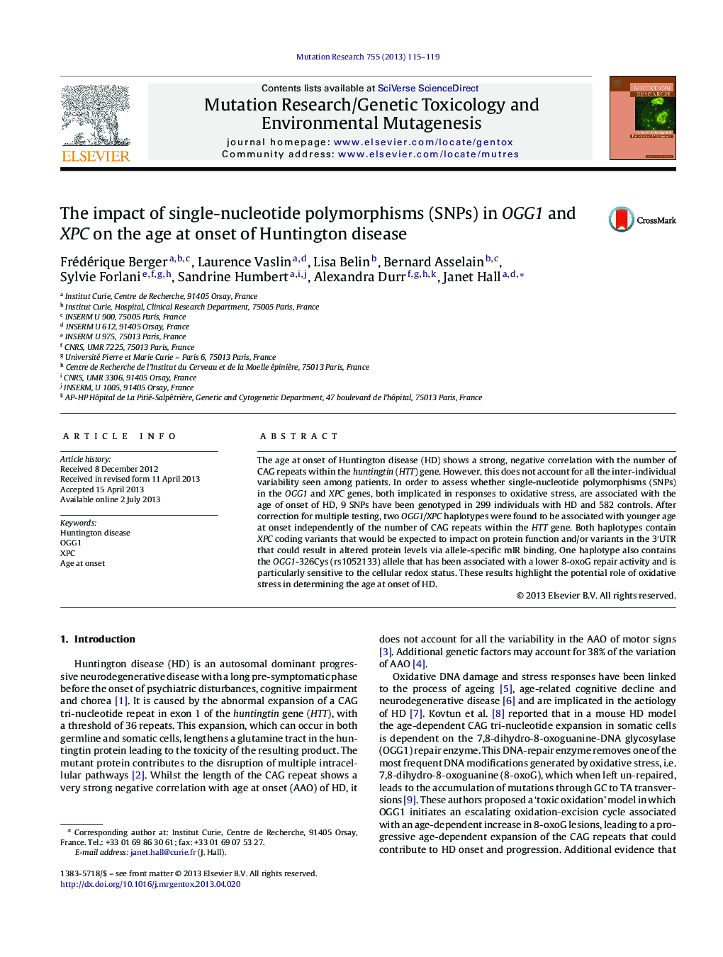 The impact of single-nucleotide polymorphisms (SNPs) in OGG1 and XPC on the age at onset of Huntington disease