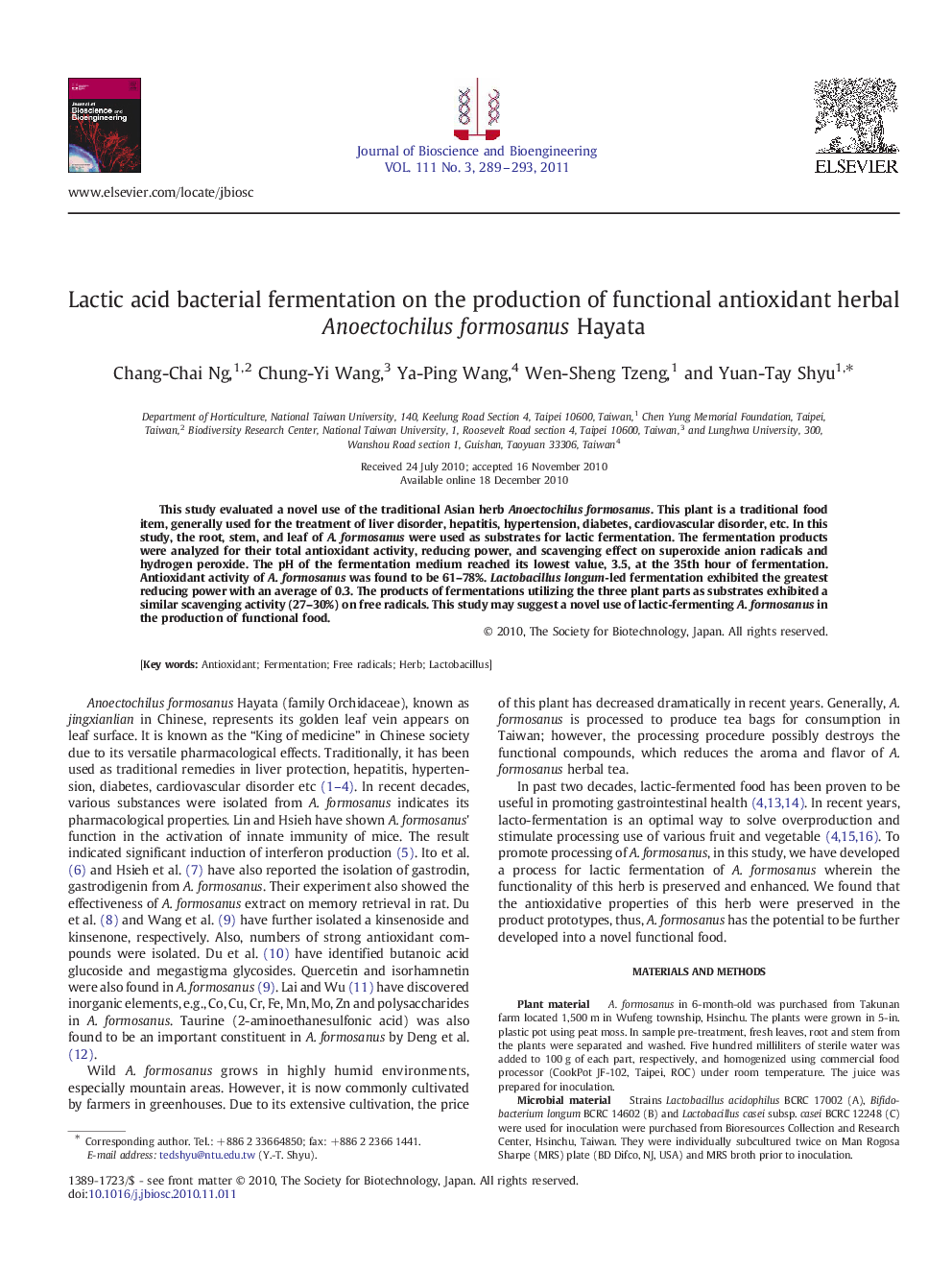 Lactic acid bacterial fermentation on the production of functional antioxidant herbal Anoectochilus formosanus Hayata