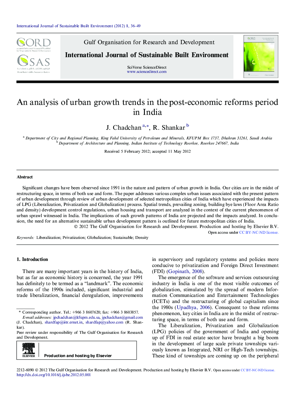 An analysis of urban growth trends in the post-economic reforms period in India 