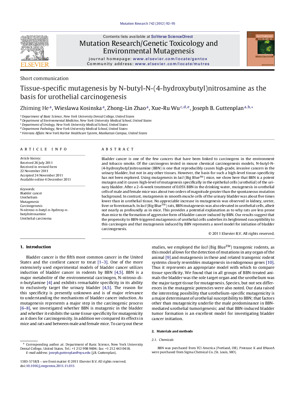 Tissue-specific mutagenesis by N-butyl-N-(4-hydroxybutyl)nitrosamine as the basis for urothelial carcinogenesis