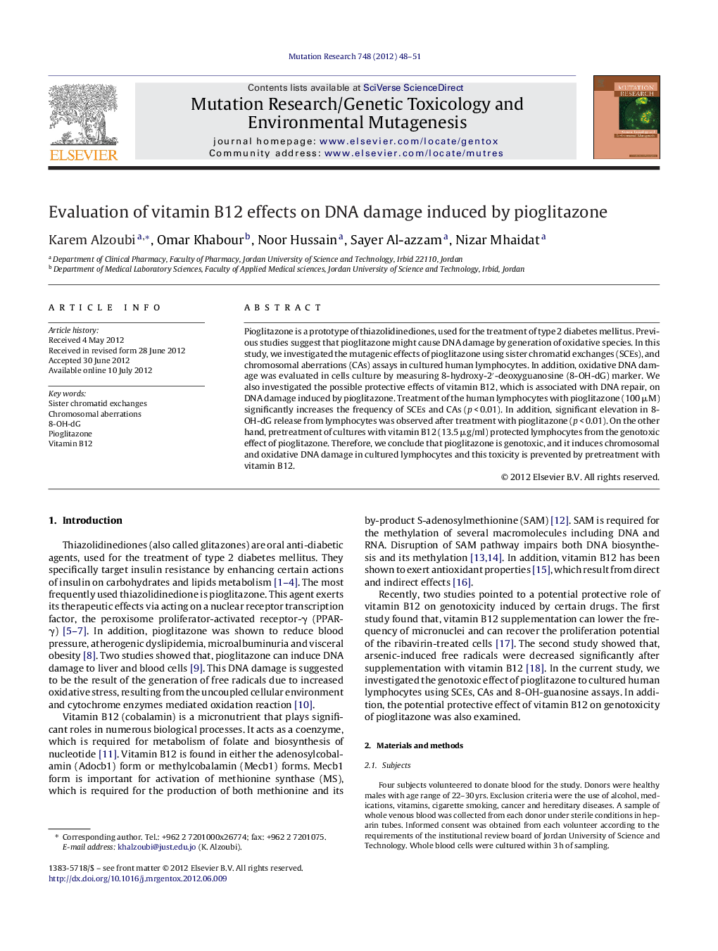 Evaluation of vitamin B12 effects on DNA damage induced by pioglitazone